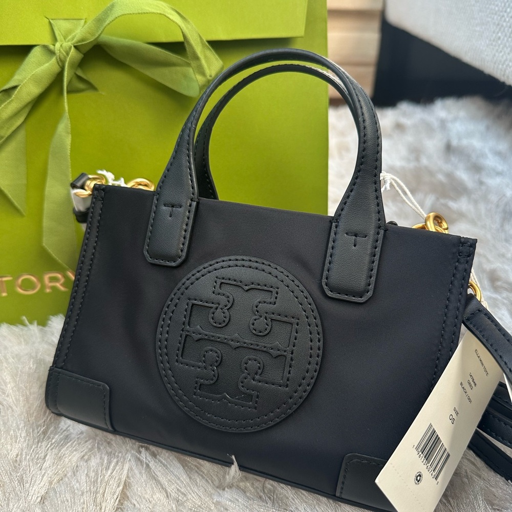 Black Gold Tory Burch Mini Nylon Ella Tote Bag Crossbody Handbag Women